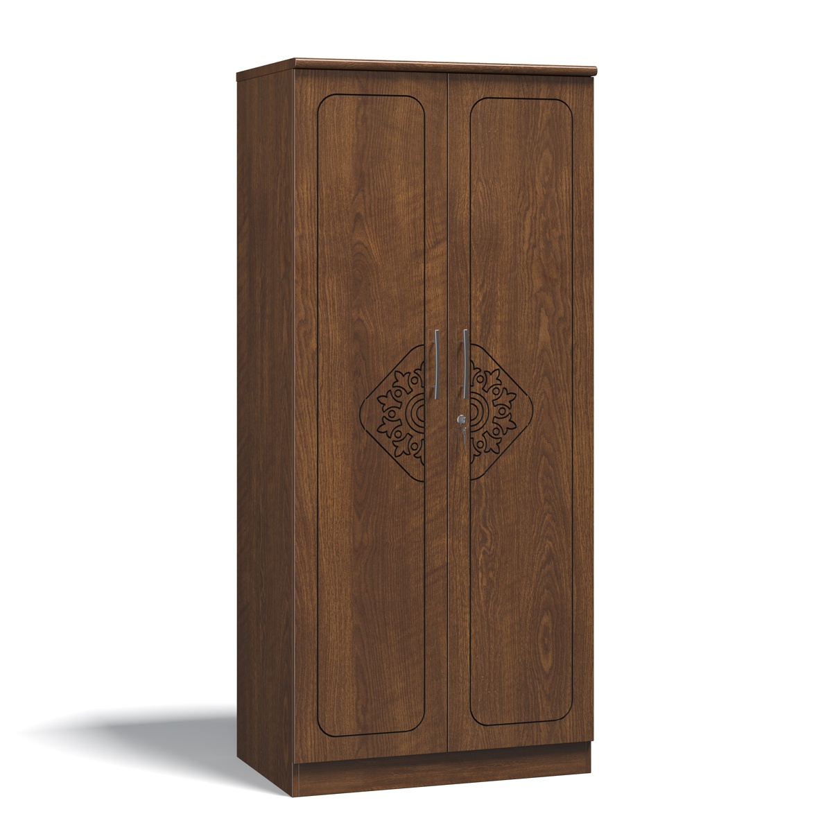 2-Door Wooden Almirah with Elegant Mandala Engraving - Walnut Finish