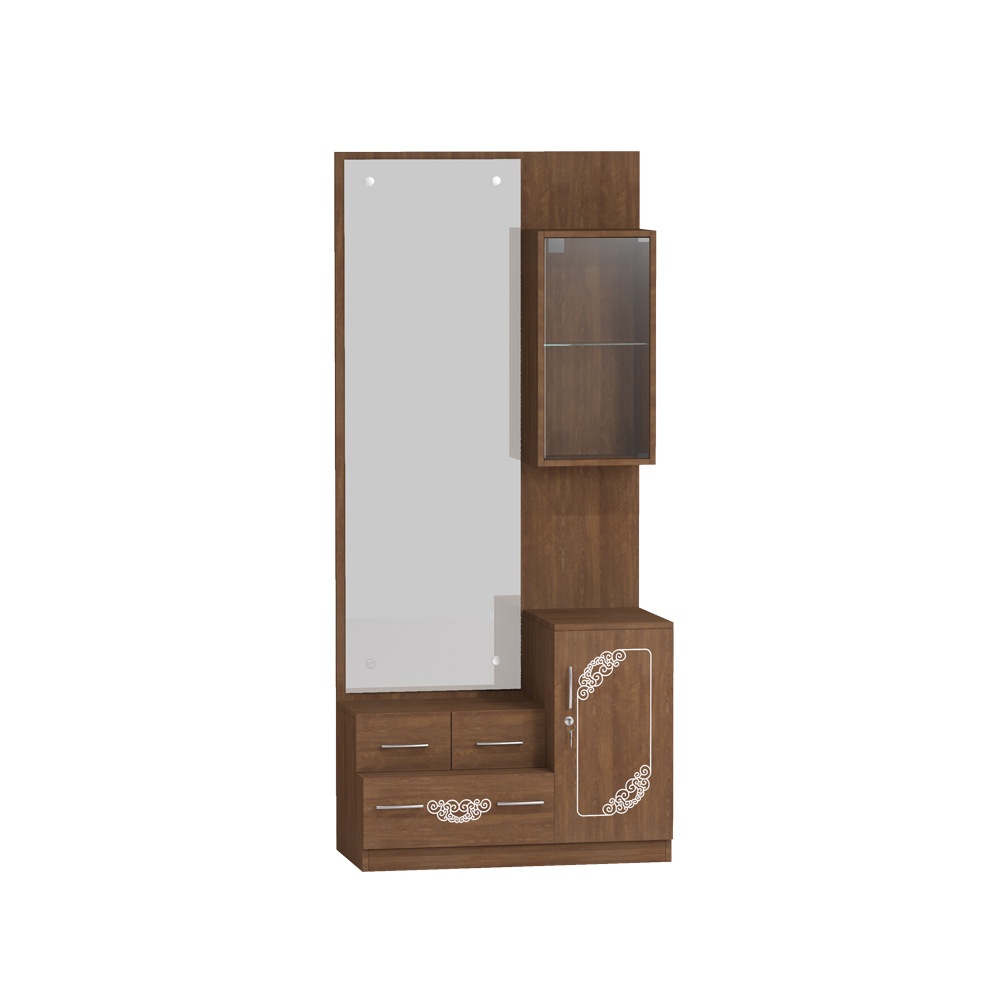 Elegant Wood Finish Dressing Table with Glass Display Cabinet & Full Mirror