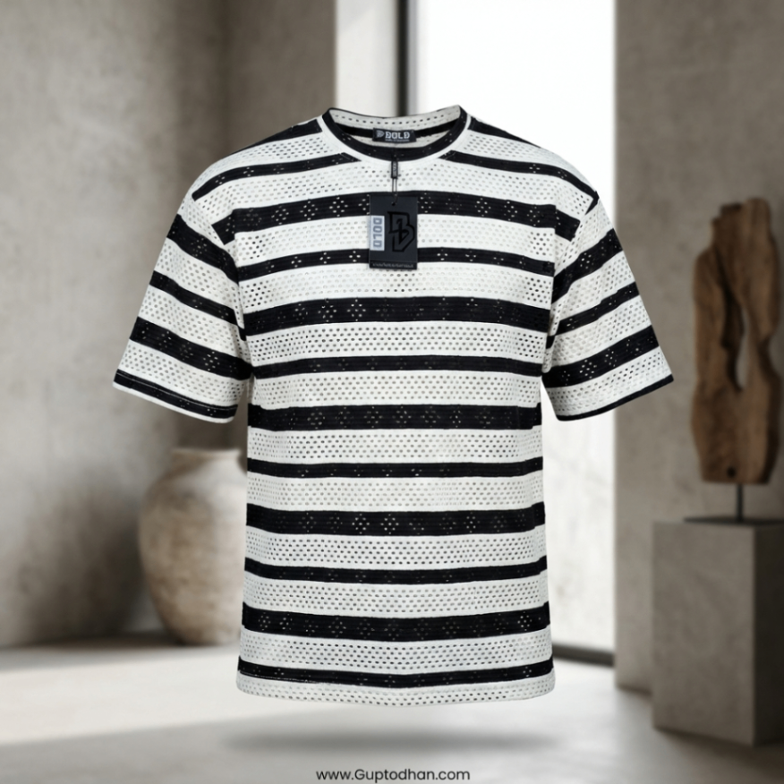 HEART BEAT Men's Black & White Striped Mesh T-Shirt
