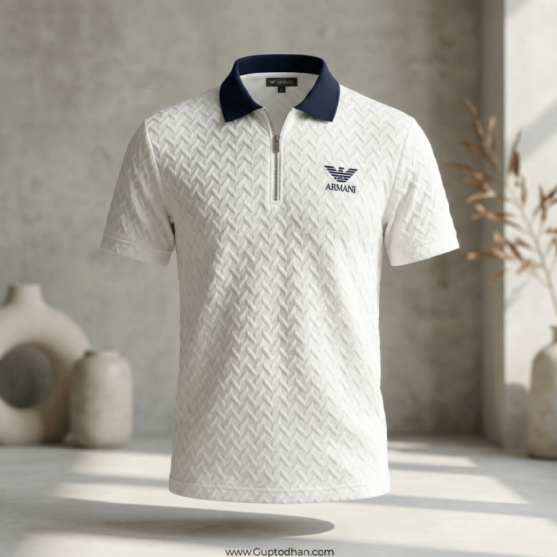 HEART BEAT Men's White Textured Knit Polo