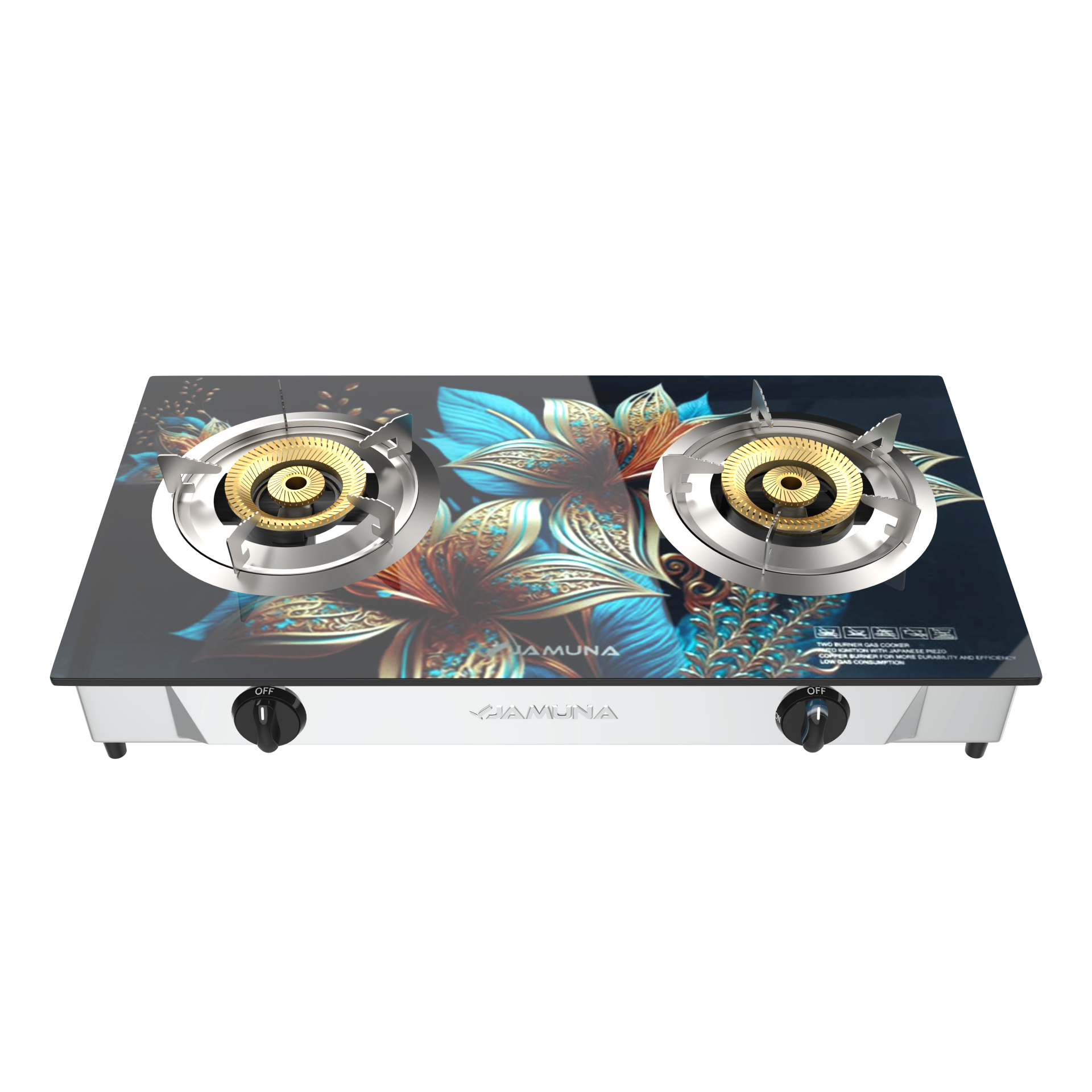 Jamuna Double Burner Glass Top Gas Stove (JGS-GB22G Leaf) - Blue Floral Design