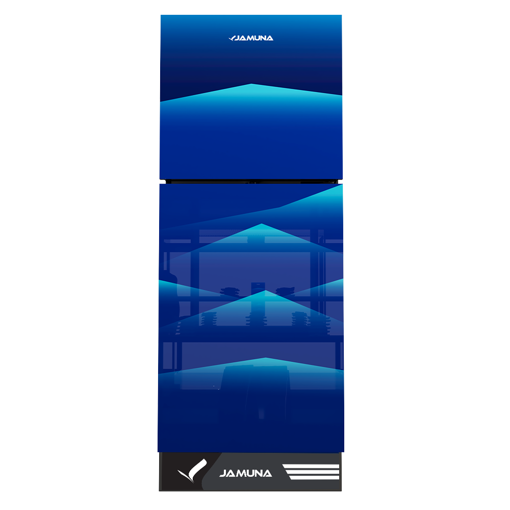 Jamuna Electric Blue Glass Door Refrigerator - Smart Cooling with Geometric Design