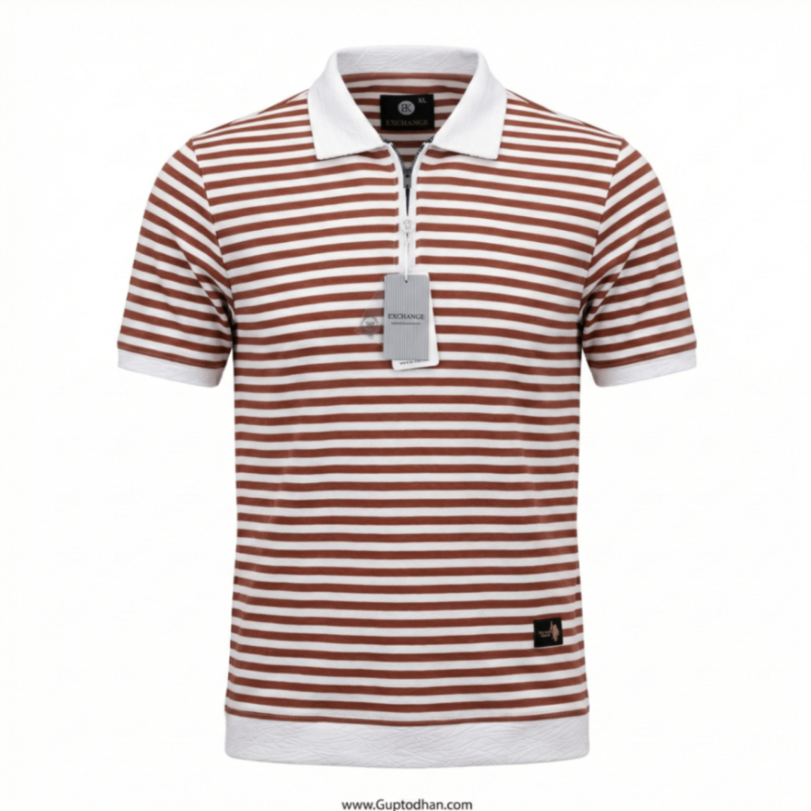 Men's Brown & White Striped Polo Shirt