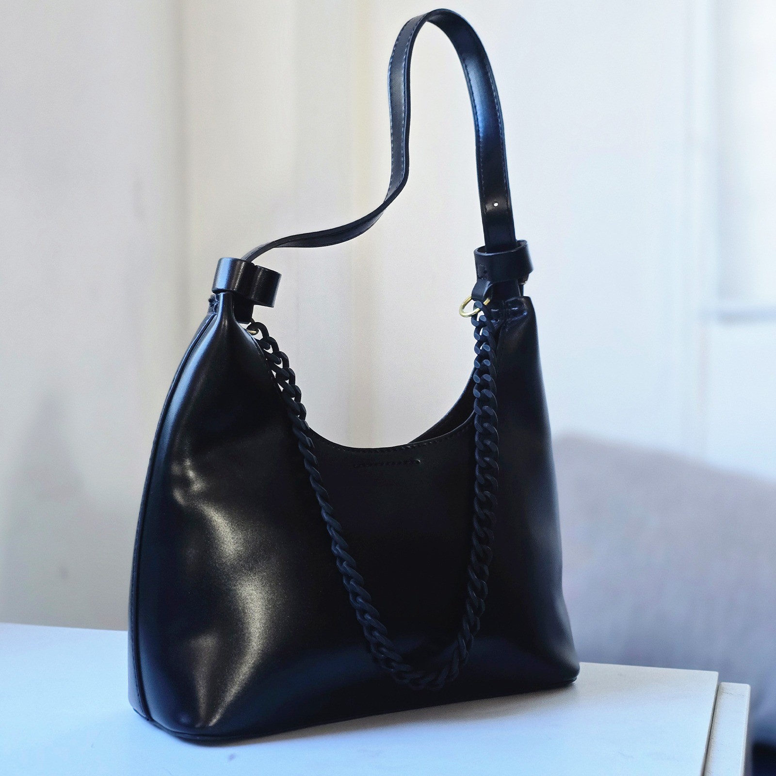 Minimalist Black Leather Hobo Shoulder Bag