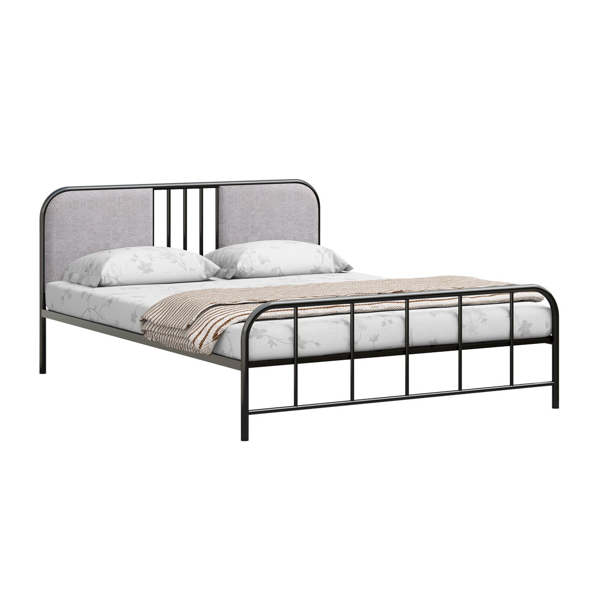 Modern Metal Frame Double Bed with Padded Headboard