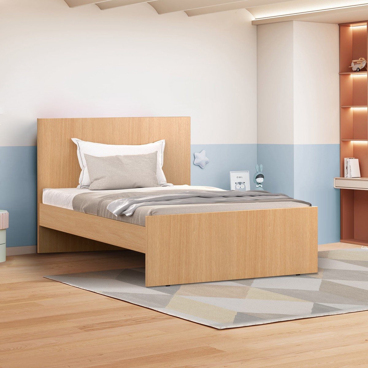Modern Minimalist Single Wooden Bed - Light Oak Finish