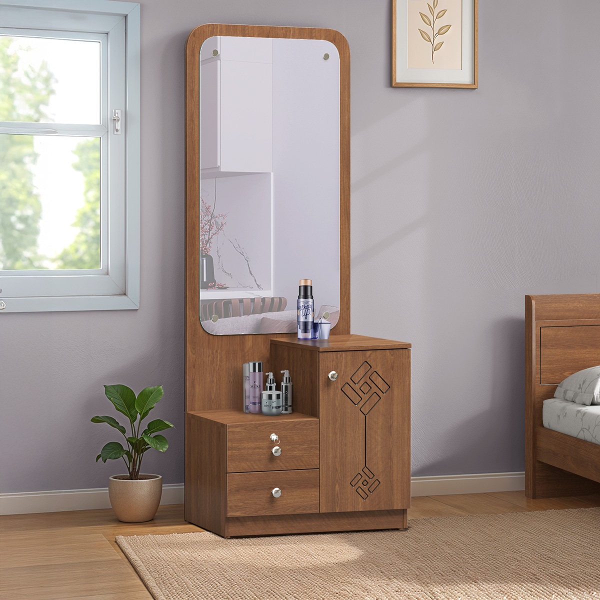 Modern Wood Finish Dressing Table with Full-Length Mirror & Storage
