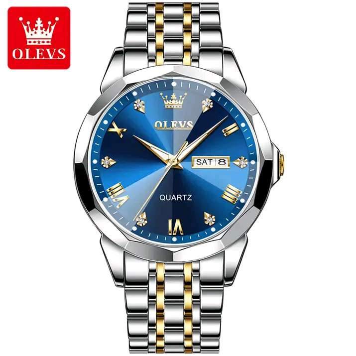 Olevs Luxury Blue Dial Men's Watch - Gold & Silver Dual-Tone Stainless Steel