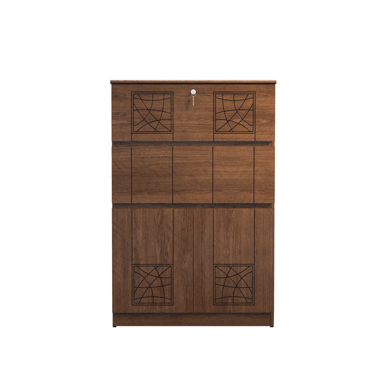 Premium Geometric Pattern Multi-Purpose Wooden Cabinet - Walnut Brown