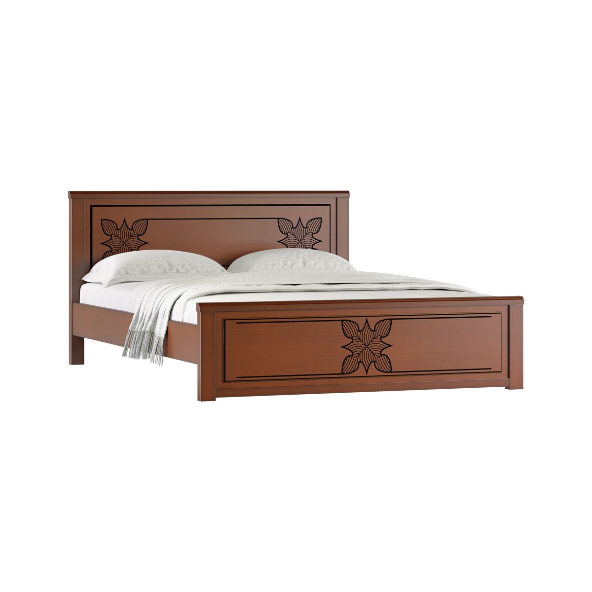 Premium Solid Wood Double Bed with Contemporary Floral Engraving - Mahogany Finish
