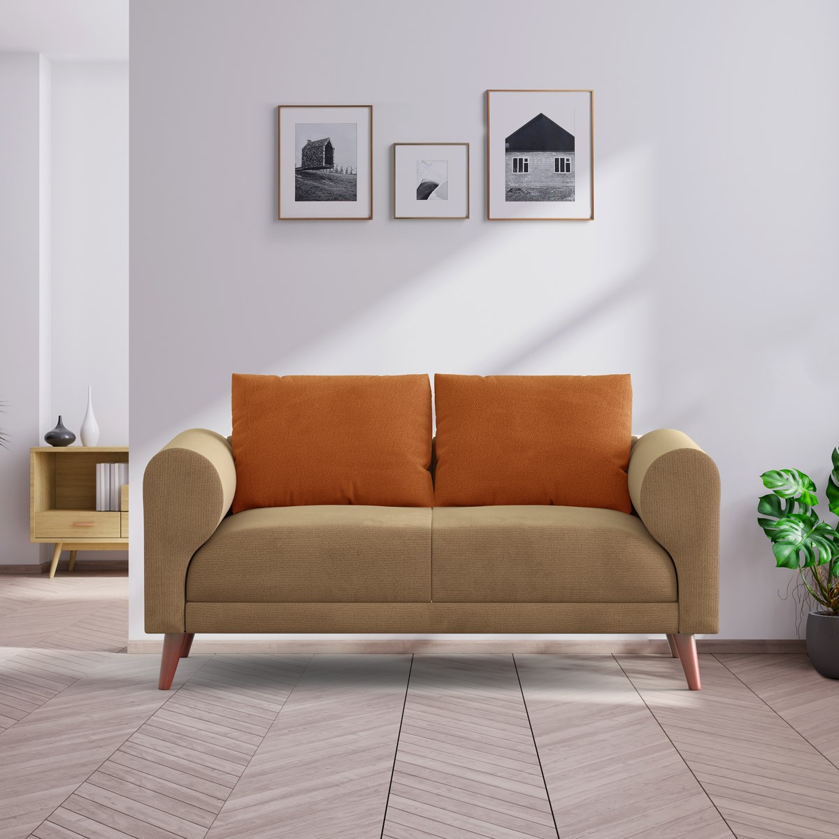 Regal Modern 2-Seater Fabric Sofa with Contrast Back Cushions - Brown and Orange