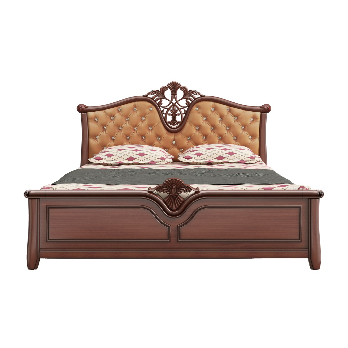 Royal Victorian Style Solid Wood King Size Bed with Tufted Leather Headboard