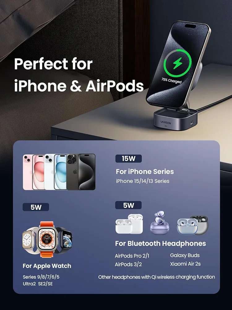 Ugreen 2 in 1 Qi2 Magnetic Foldable Fast Charging Station - 15W